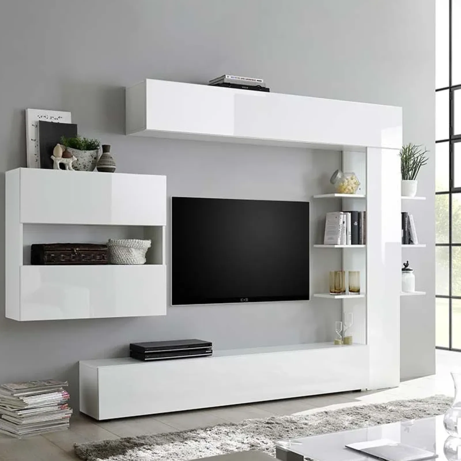 Garnero Arredamenti Parete Attrezzata A Terra|Pareti Attrezzate-Parete attrezzata 285x187h cm e opaco Steppi 2 Bianco Lucido