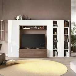 Garnero Arredamenti Parete Attrezzata A Terra|Pareti Attrezzate-Parete attrezzata 305x186h cm bianco lucido rovere scuro Sunset 36 Noce - Bianco Lucido