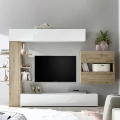 Garnero Arredamenti Parete Attrezzata A Terra|Pareti Attrezzate-Parete attrezzata 285x187h cm bianco lucido e opaco rovere Steppi 2 Bianco Lucido - Rovere