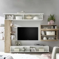 Garnero Arredamenti Parete Attrezzata A Terra|Pareti Attrezzate-Parete attrezzata 285x187h cm bianco lucido e opaco rovere Steppi 2 Bianco Lucido - Rovere