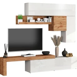 Garnero Arredamenti Parete Attrezzata A Terra|Pareti Attrezzate-Parete attrezzata 270x200h cm bianco lucido rovere Block 2 Bianco Lucido - Rovere