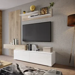 Garnero Arredamenti Parete Attrezzata A Terra|Pareti Attrezzate-Parete attrezzata 205x200h cm bianco lucido con pannello cannettato rovere Rovella