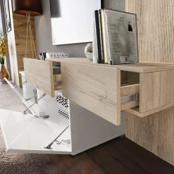 Garnero Arredamenti Parete Attrezzata A Terra|Pareti Attrezzate-Parete attrezzata 205x200h cm bianco lucido con pannello cannettato rovere Rovella