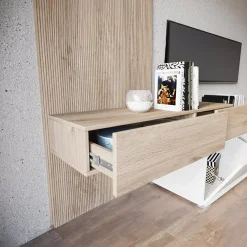 Garnero Arredamenti Parete Attrezzata A Terra|Pareti Attrezzate-Parete attrezzata 205x200h cm bianco lucido con pannello cannettato rovere Rovella