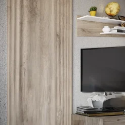 Garnero Arredamenti Parete Attrezzata A Terra|Pareti Attrezzate-Parete attrezzata 205x200h cm bianco lucido con pannello cannettato rovere Rovella