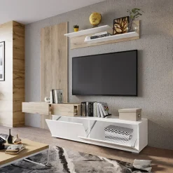 Garnero Arredamenti Parete Attrezzata A Terra|Pareti Attrezzate-Parete attrezzata 205x200h cm bianco lucido con pannello cannettato rovere Rovella