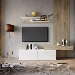 Garnero Arredamenti Parete Attrezzata A Terra|Pareti Attrezzate-Parete attrezzata 205x200h cm bianco lucido con pannello cannettato rovere Rovella