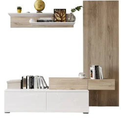 Garnero Arredamenti Parete Attrezzata A Terra|Pareti Attrezzate-Parete attrezzata 205x200h cm bianco lucido con pannello cannettato rovere Rovella