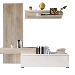 Garnero Arredamenti Parete Attrezzata A Terra|Pareti Attrezzate-Parete attrezzata 205x200h cm bianco lucido con pannello cannettato rovere Rovella