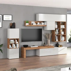 Garnero Arredamenti Parete Attrezzata A Terra|Pareti Attrezzate-Parete attrezzata 350x200h cm bianco lucido rovere Block 3 Bianco Lucido - Rovere