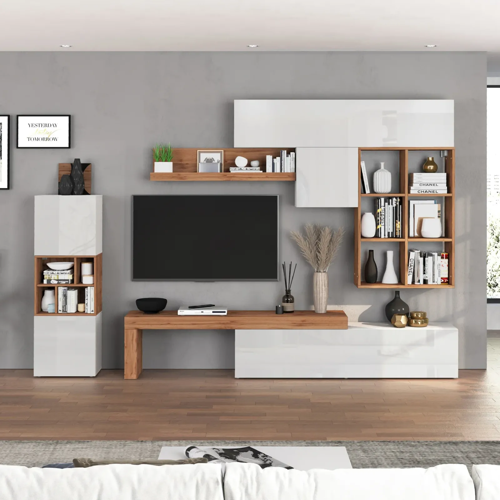 Garnero Arredamenti Parete Attrezzata A Terra|Pareti Attrezzate-Parete attrezzata 350x200h cm bianco lucido rovere Block 3 Bianco Lucido - Rovere