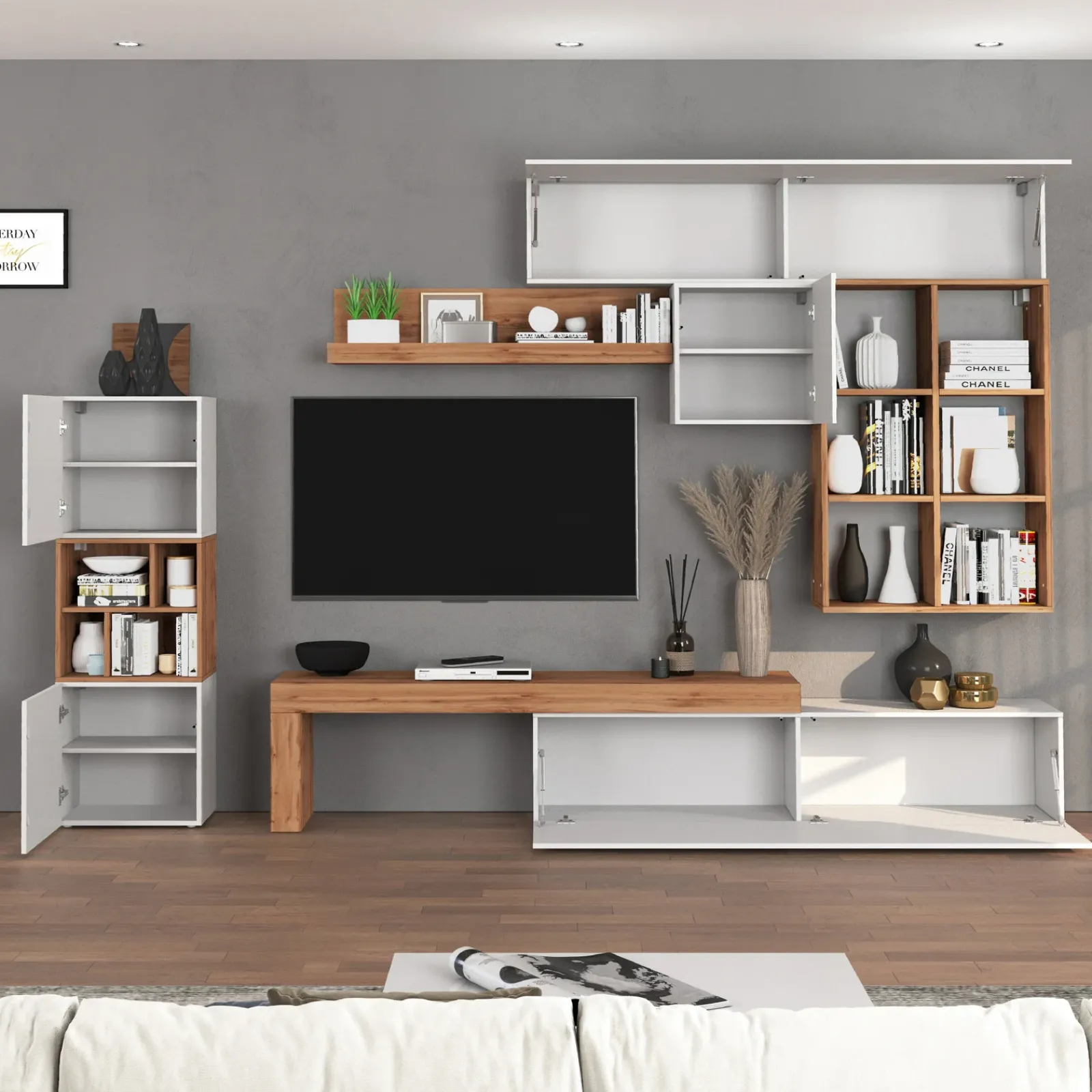 Garnero Arredamenti Parete Attrezzata A Terra|Pareti Attrezzate-Parete attrezzata 350x200h cm bianco lucido rovere Block 3 Bianco Lucido - Rovere