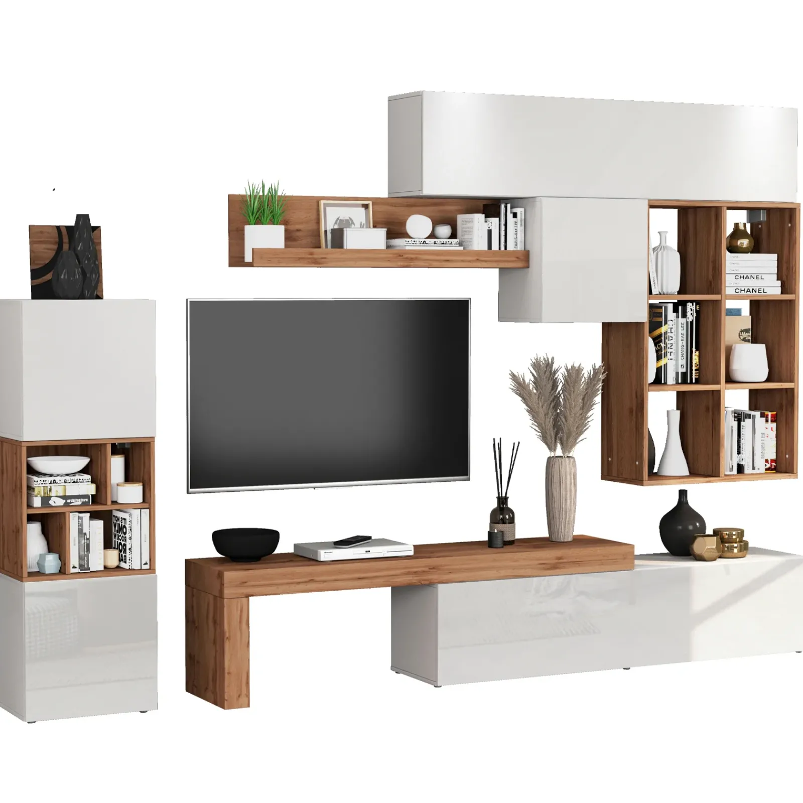 Garnero Arredamenti Parete Attrezzata A Terra|Pareti Attrezzate-Parete attrezzata 350x200h cm bianco lucido rovere Block 3 Bianco Lucido - Rovere