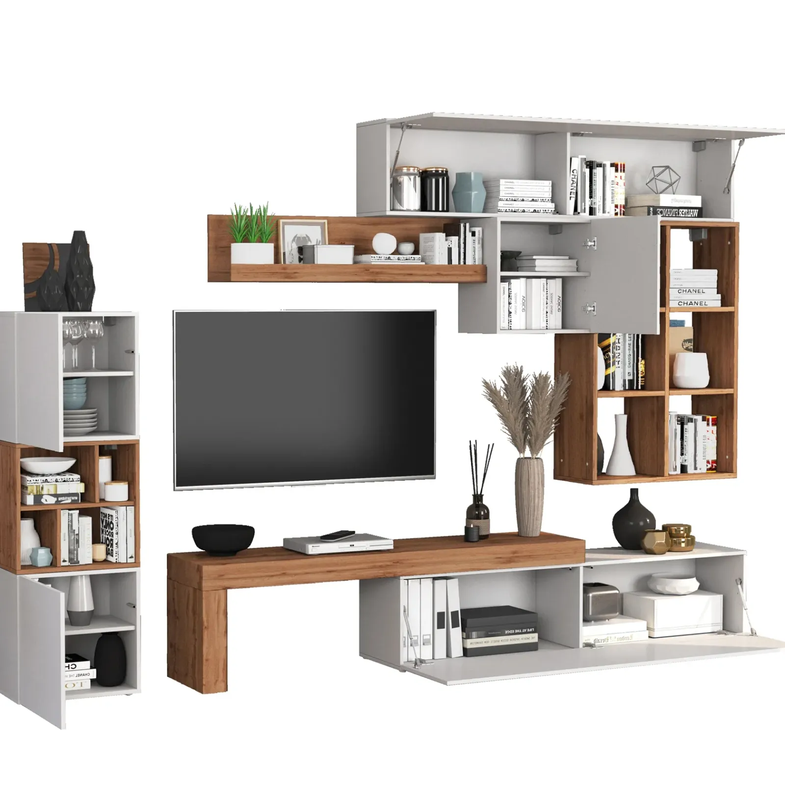 Garnero Arredamenti Parete Attrezzata A Terra|Pareti Attrezzate-Parete attrezzata 350x200h cm bianco lucido rovere Block 3 Bianco Lucido - Rovere