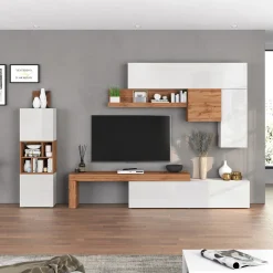 Garnero Arredamenti Parete Attrezzata A Terra|Pareti Attrezzate-Parete attrezzata 350x200h cm bianco lucido rovere Block 1 Bianco Lucido - Rovere