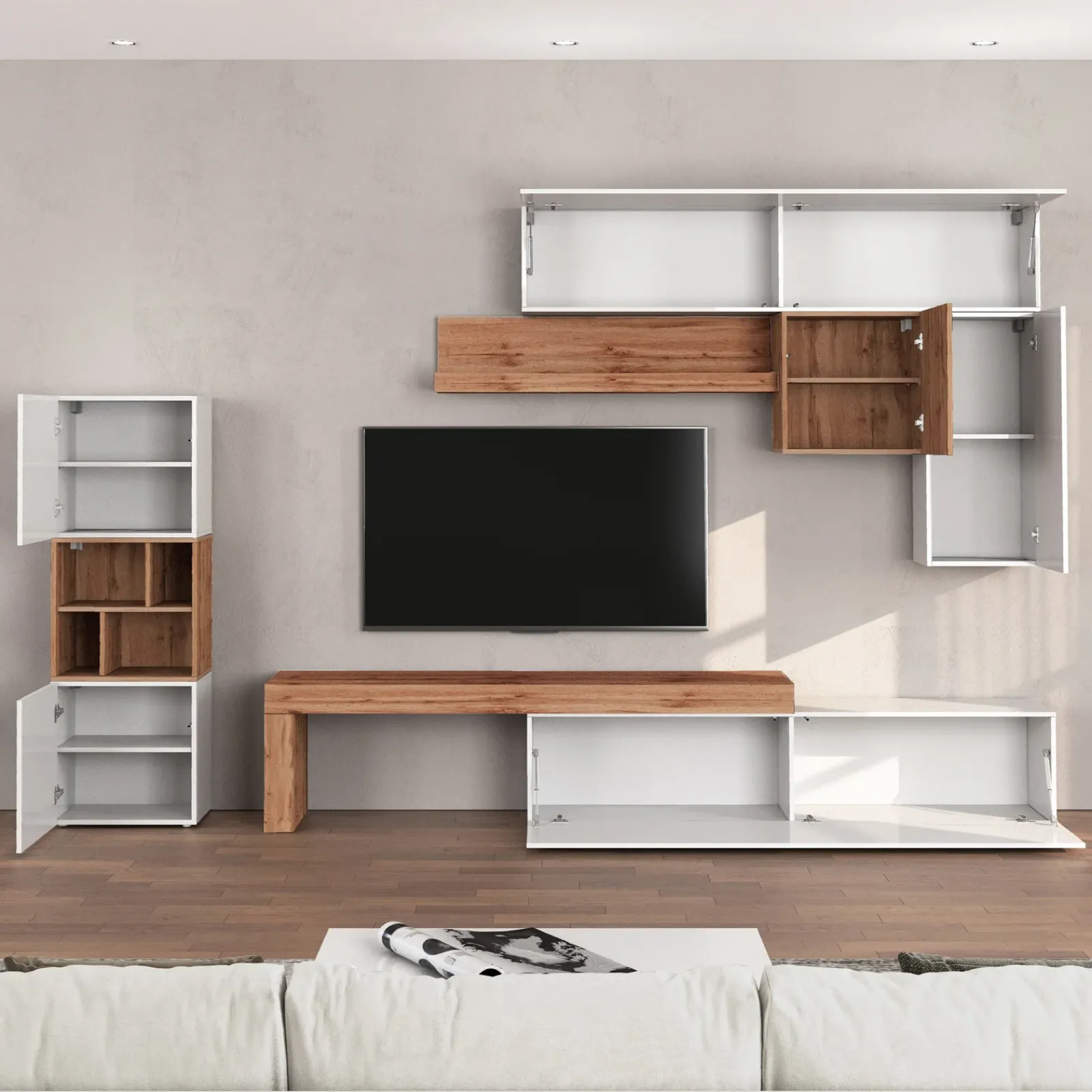 Garnero Arredamenti Parete Attrezzata A Terra|Pareti Attrezzate-Parete attrezzata 350x200h cm bianco lucido rovere Block 1 Bianco Lucido - Rovere