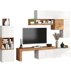 Garnero Arredamenti Parete Attrezzata A Terra|Pareti Attrezzate-Parete attrezzata 350x200h cm bianco lucido rovere Block 1 Bianco Lucido - Rovere