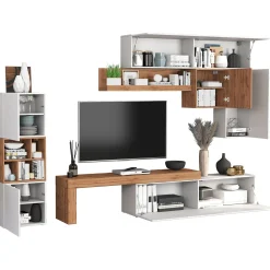 Garnero Arredamenti Parete Attrezzata A Terra|Pareti Attrezzate-Parete attrezzata 350x200h cm bianco lucido rovere Block 1 Bianco Lucido - Rovere