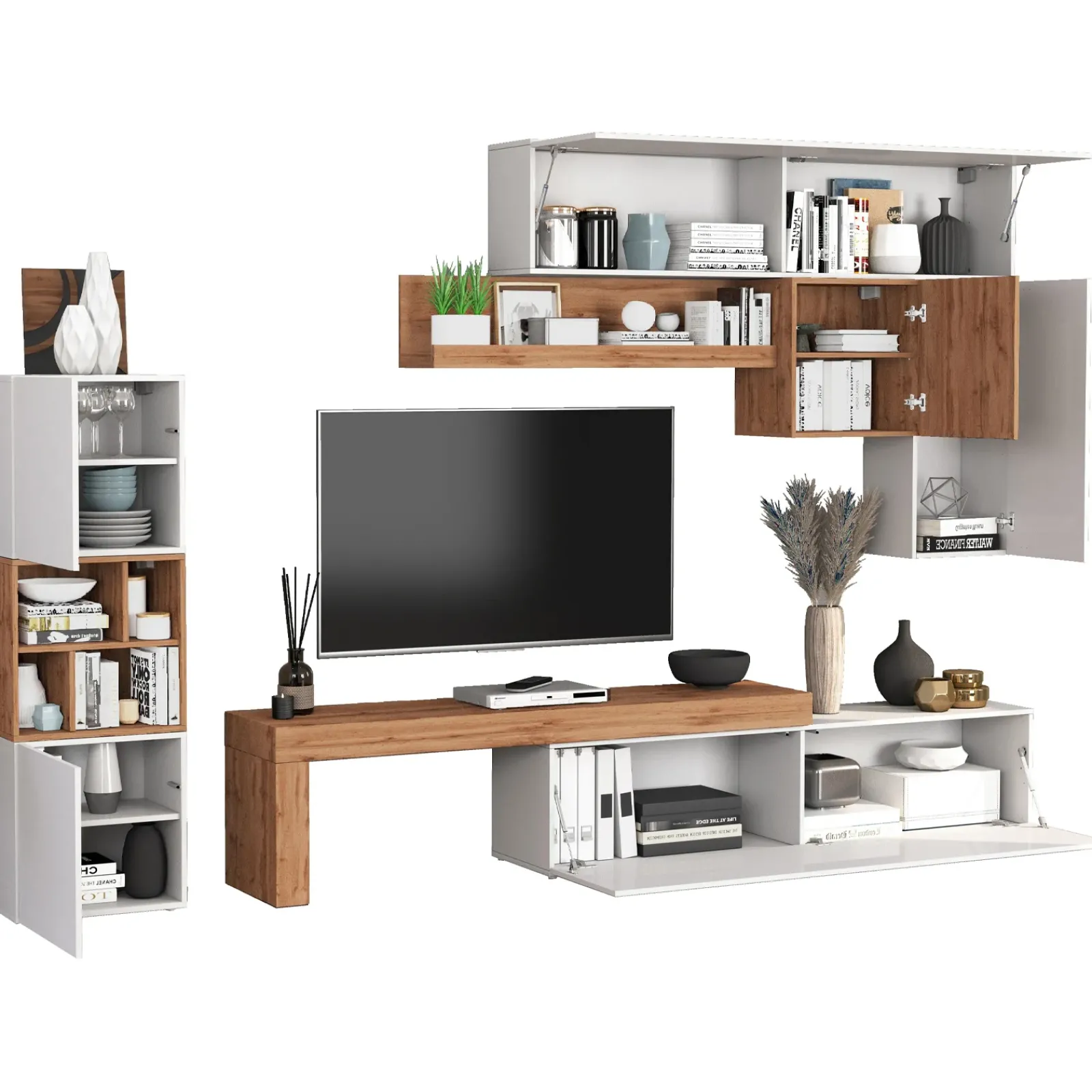 Garnero Arredamenti Parete Attrezzata A Terra|Pareti Attrezzate-Parete attrezzata 350x200h cm bianco lucido rovere Block 1 Bianco Lucido - Rovere