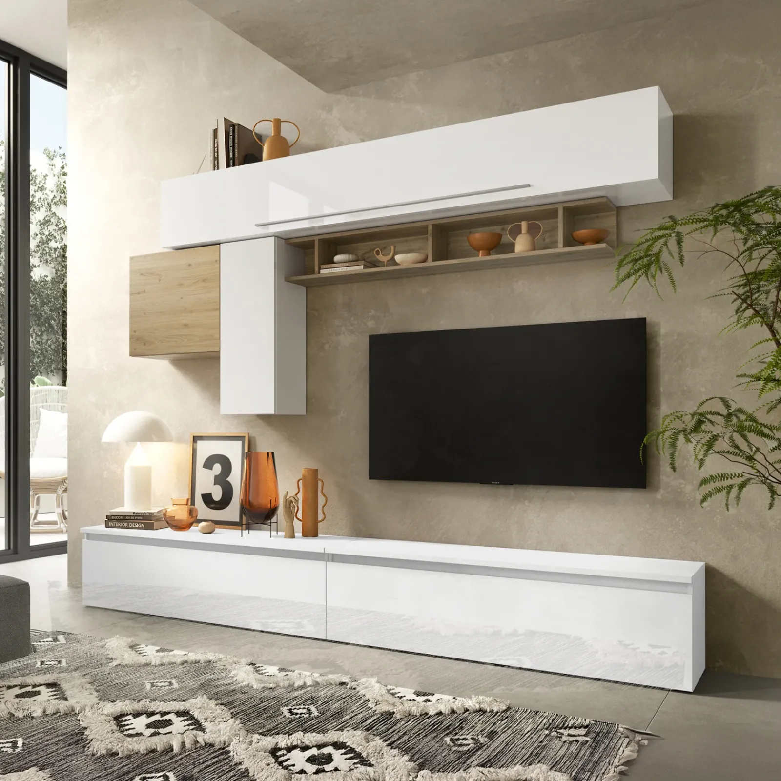 Garnero Arredamenti Parete Attrezzata A Terra|Pareti Attrezzate-Parete attrezzata 276x187h cm bianco lucido rovere chiaro Sunset 17 Rovere - Bianco Lucido