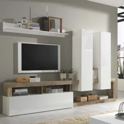 Garnero Arredamenti Parete Attrezzata A Terra|Pareti Attrezzate-Parete attrezzata 277x200h cm bianco lucido pero soggiorno Invictus Bianco Lucido - Rovere Rustico