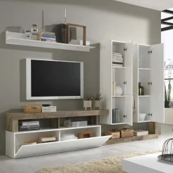 Garnero Arredamenti Parete Attrezzata A Terra|Pareti Attrezzate-Parete attrezzata 277x200h cm bianco lucido pero soggiorno Invictus Bianco Lucido - Rovere Rustico