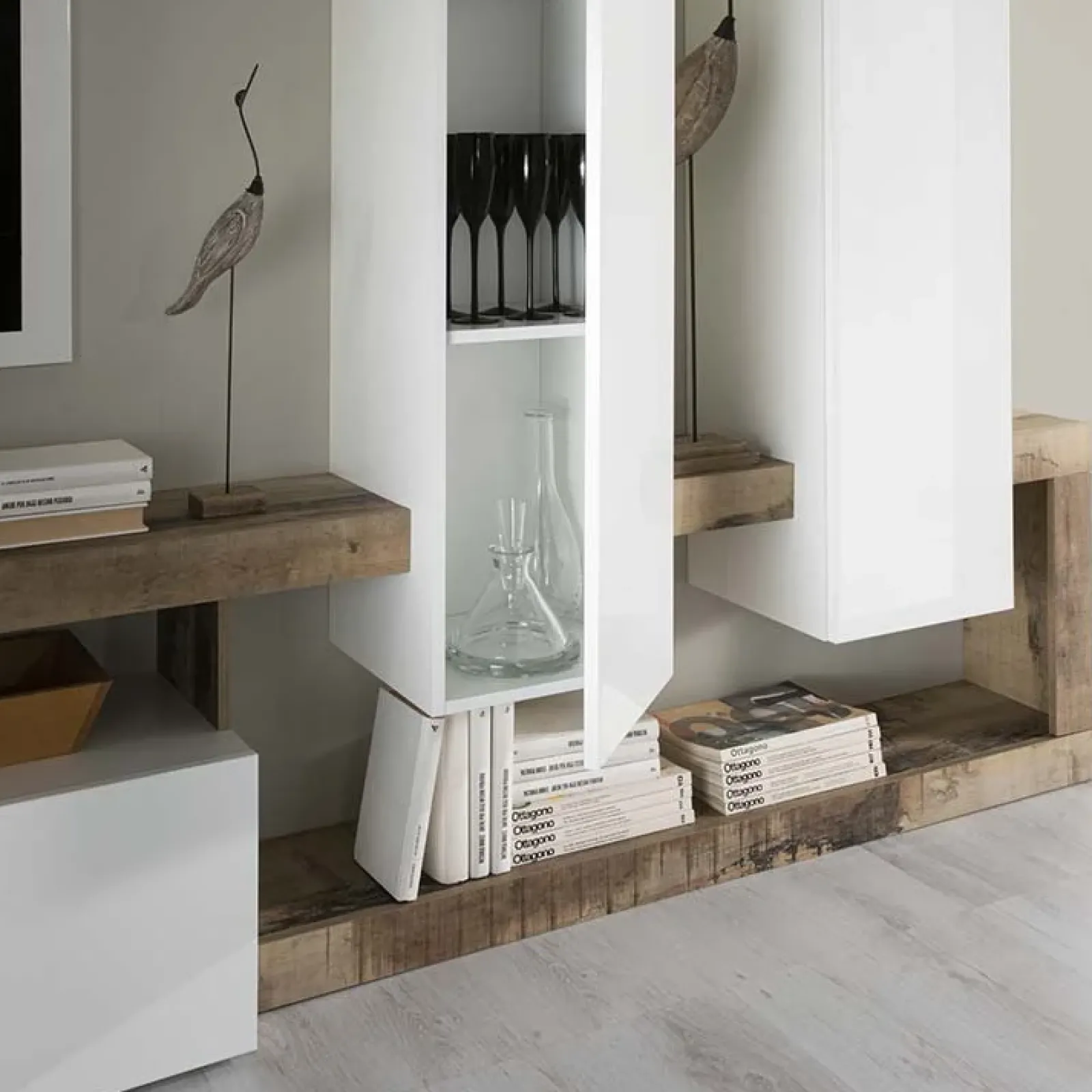 Garnero Arredamenti Parete Attrezzata A Terra|Pareti Attrezzate-Parete attrezzata 277x200h cm bianco lucido pero soggiorno Invictus Bianco Lucido - Rovere Rustico