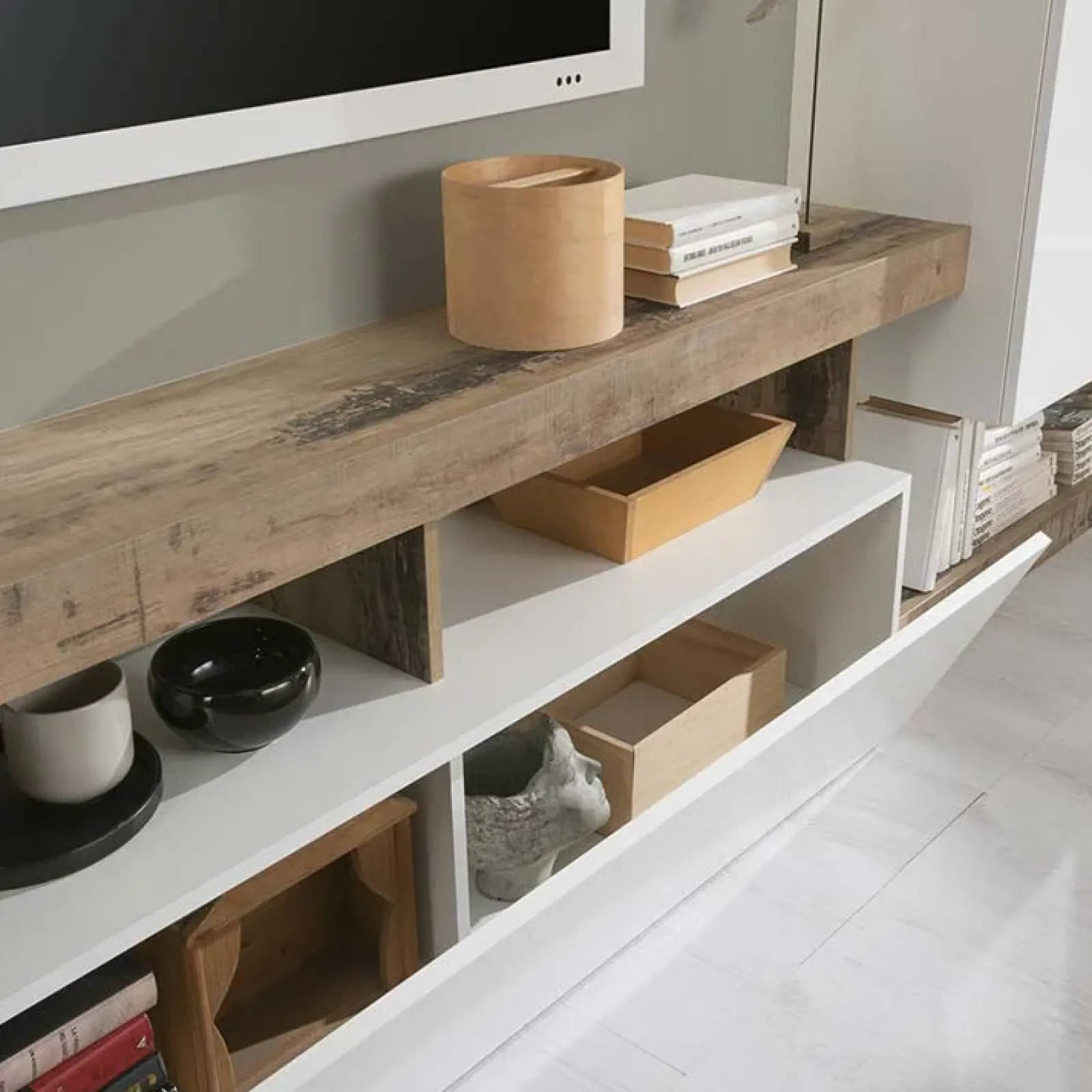 Garnero Arredamenti Parete Attrezzata A Terra|Pareti Attrezzate-Parete attrezzata 277x200h cm bianco lucido pero soggiorno Invictus Bianco Lucido - Rovere Rustico