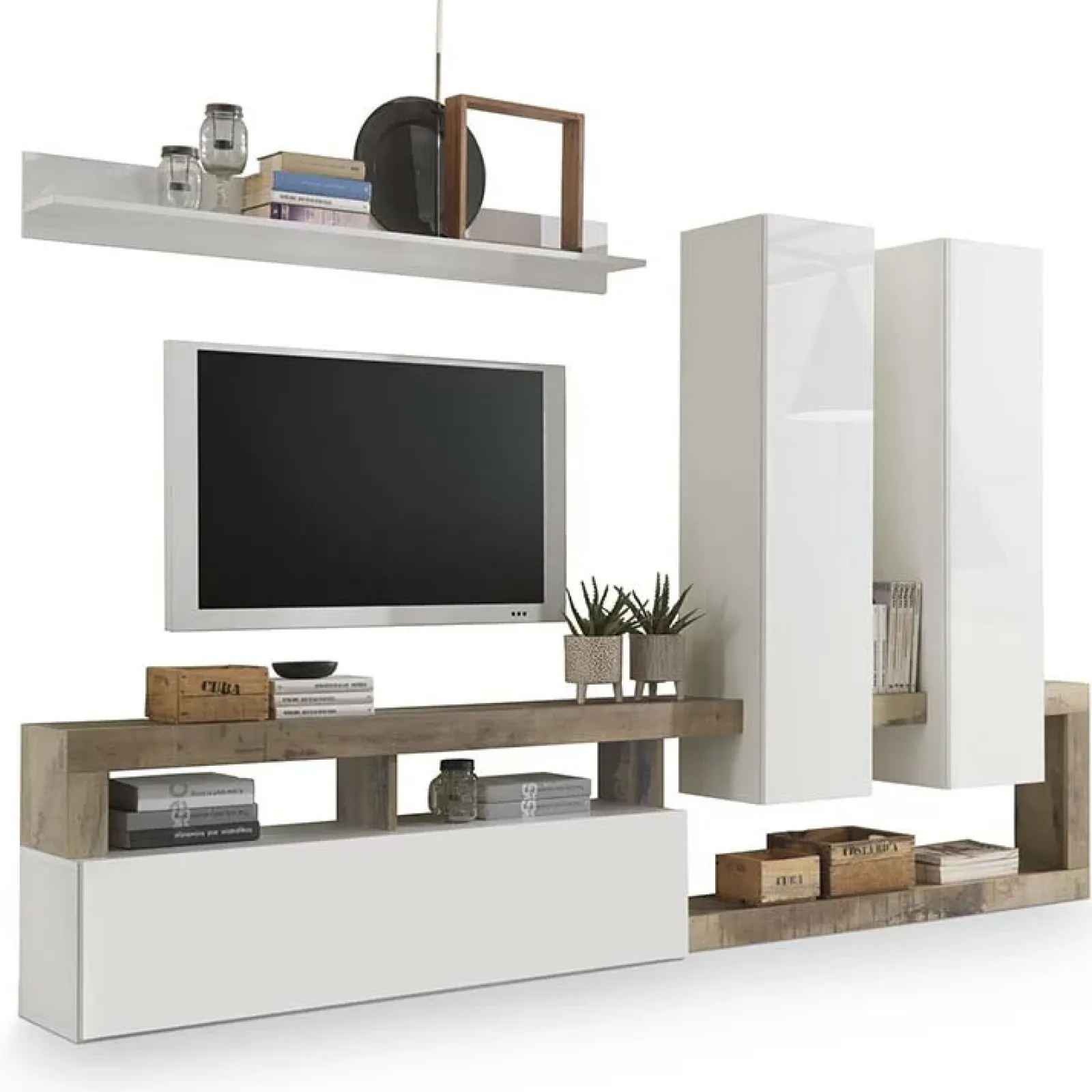 Garnero Arredamenti Parete Attrezzata A Terra|Pareti Attrezzate-Parete attrezzata 277x200h cm bianco lucido pero soggiorno Invictus Bianco Lucido - Rovere Rustico