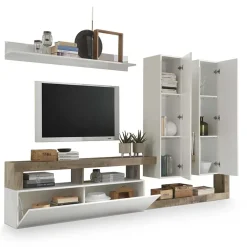 Garnero Arredamenti Parete Attrezzata A Terra|Pareti Attrezzate-Parete attrezzata 277x200h cm bianco lucido pero soggiorno Invictus Bianco Lucido - Rovere Rustico