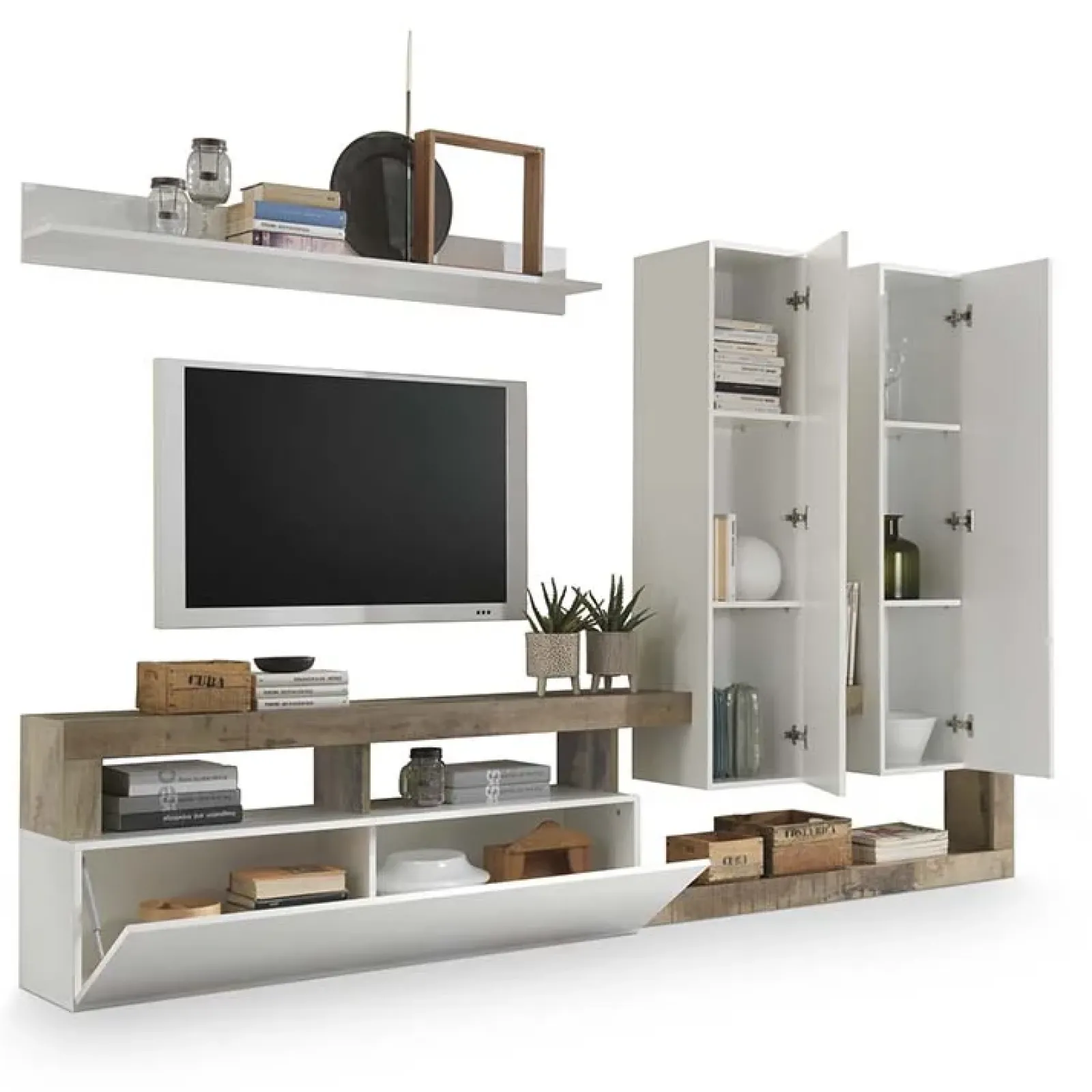 Garnero Arredamenti Parete Attrezzata A Terra|Pareti Attrezzate-Parete attrezzata 277x200h cm bianco lucido pero soggiorno Invictus Bianco Lucido - Rovere Rustico