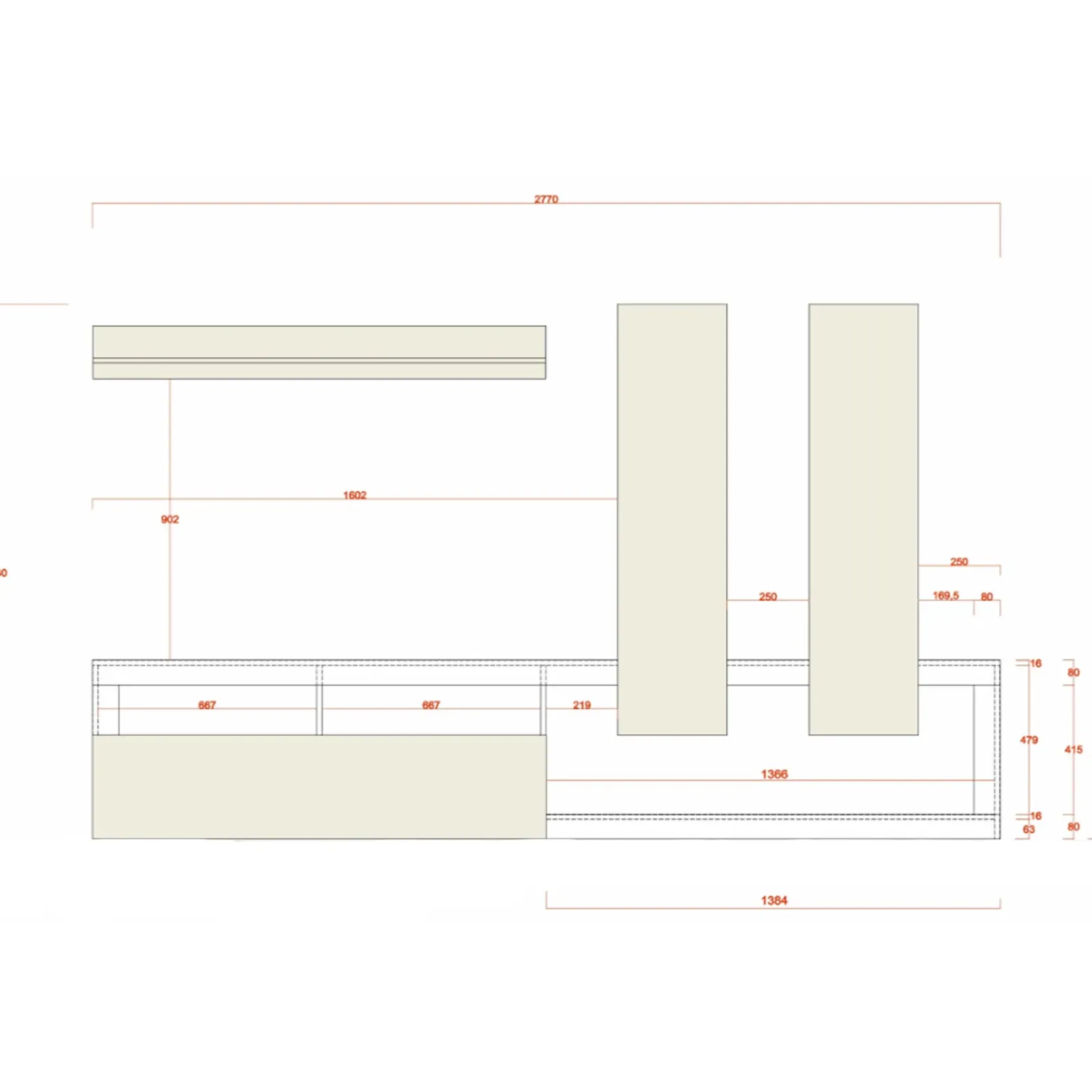 Garnero Arredamenti Parete Attrezzata A Terra|Pareti Attrezzate-Parete attrezzata 277x200h cm bianco lucido pero soggiorno Invictus Bianco Lucido - Rovere Rustico