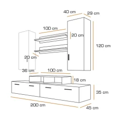 Garnero Arredamenti Parete Attrezzata A Terra|Pareti Attrezzate-Parete attrezzata 200x225h cm bianco nero lucido Orlando Gihome® Bianco Lucido - Nero Lucido
