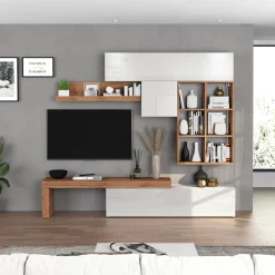 Garnero Arredamenti Parete Attrezzata A Terra|Pareti Attrezzate-Parete attrezzata 270x200h cm bianco lucido rovere Block 4 Bianco Lucido - Rovere