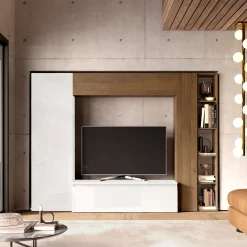 Garnero Arredamenti Parete Attrezzata A Terra|Pareti Attrezzate-Parete attrezzata 249x186h cm bianco lucido rovere scuro Sunset 9 Noce - Bianco Lucido