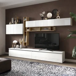 Garnero Arredamenti Parete Attrezzata A Terra|Pareti Attrezzate-Parete attrezzata 336x210h cm bianco lucido rovere chiaro Sunset 32 Rovere - Bianco Lucido