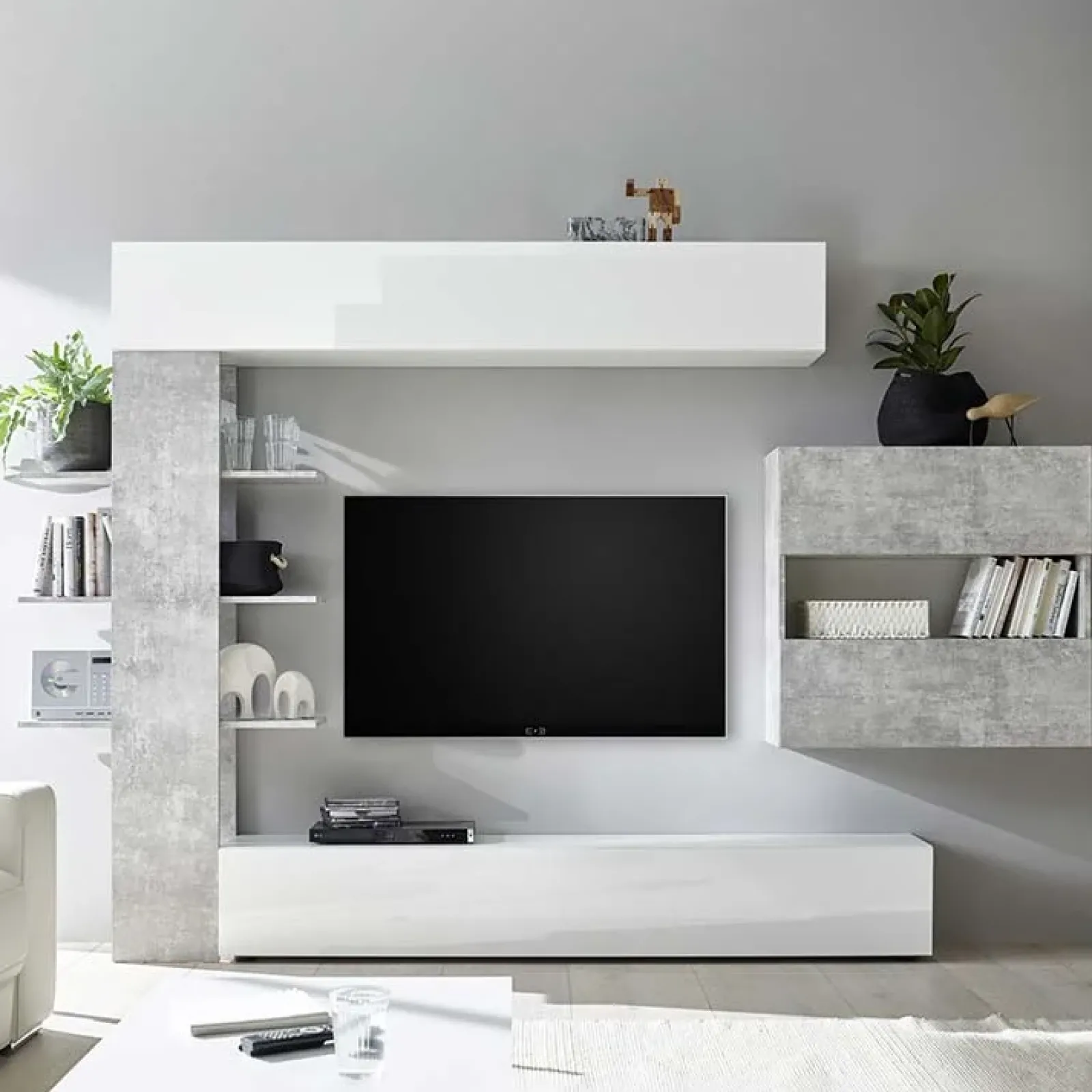 Garnero Arredamenti Parete Attrezzata A Terra|Pareti Attrezzate-Parete attrezzata 285x187h cm bianco lucido e opaco cemento Steppi 2 Cemento - Bianco Lucido