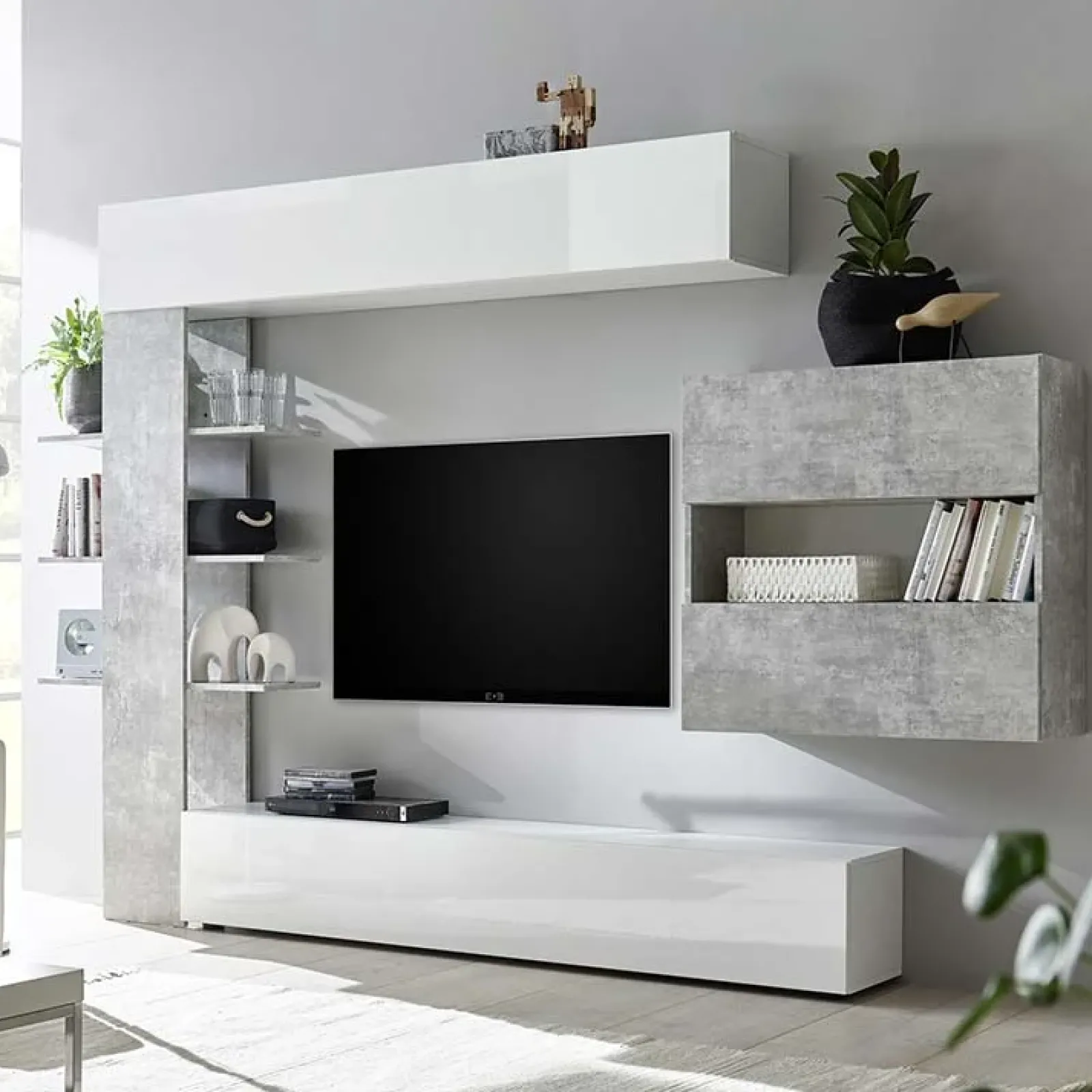 Garnero Arredamenti Parete Attrezzata A Terra|Pareti Attrezzate-Parete attrezzata 285x187h cm bianco lucido e opaco cemento Steppi 2 Cemento - Bianco Lucido