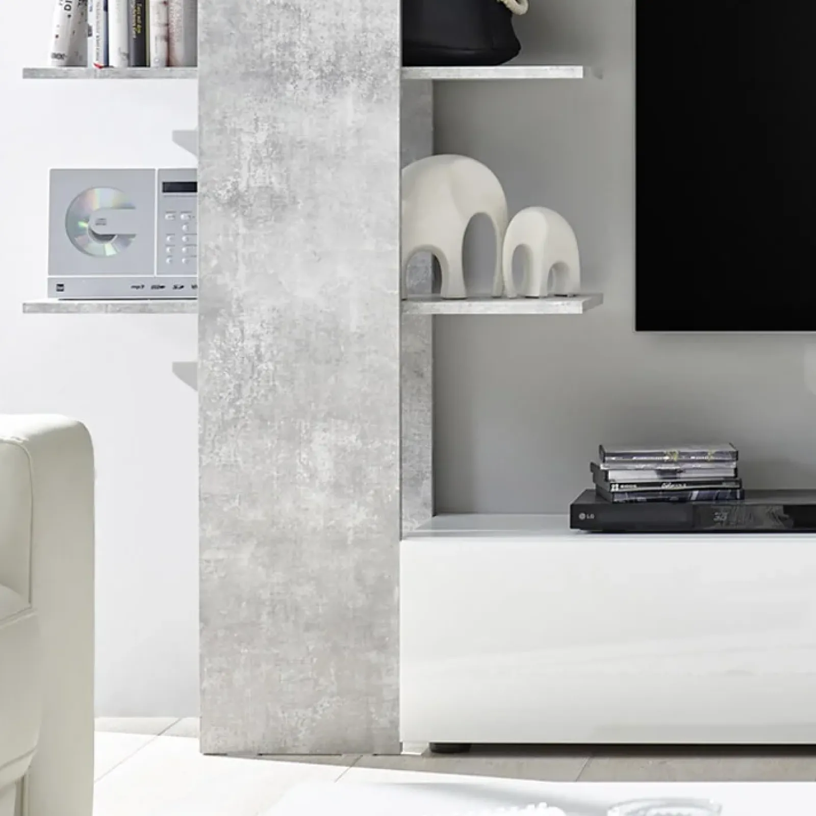 Garnero Arredamenti Parete Attrezzata A Terra|Pareti Attrezzate-Parete attrezzata 285x187h cm bianco lucido e opaco cemento Steppi 2 Cemento - Bianco Lucido