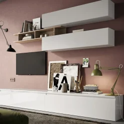 Garnero Arredamenti Parete Attrezzata A Terra|Pareti Attrezzate-Parete attrezzata 276x190h cm design moderno bianco ludico rovere chiaro Sunset 21 Bianco Lucido - Rovere