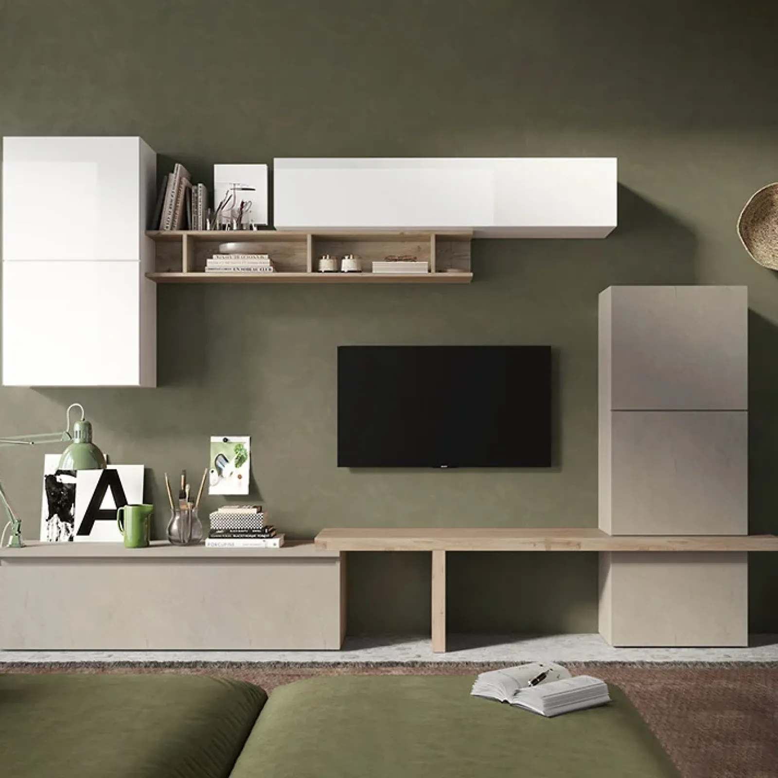 Garnero Arredamenti Parete Attrezzata A Terra|Pareti Attrezzate-Parete attrezzata 320x195h cm design moderno tortora rovere chiaro bianco lucido Sunset 19 Tortora - Bianco Lucido
