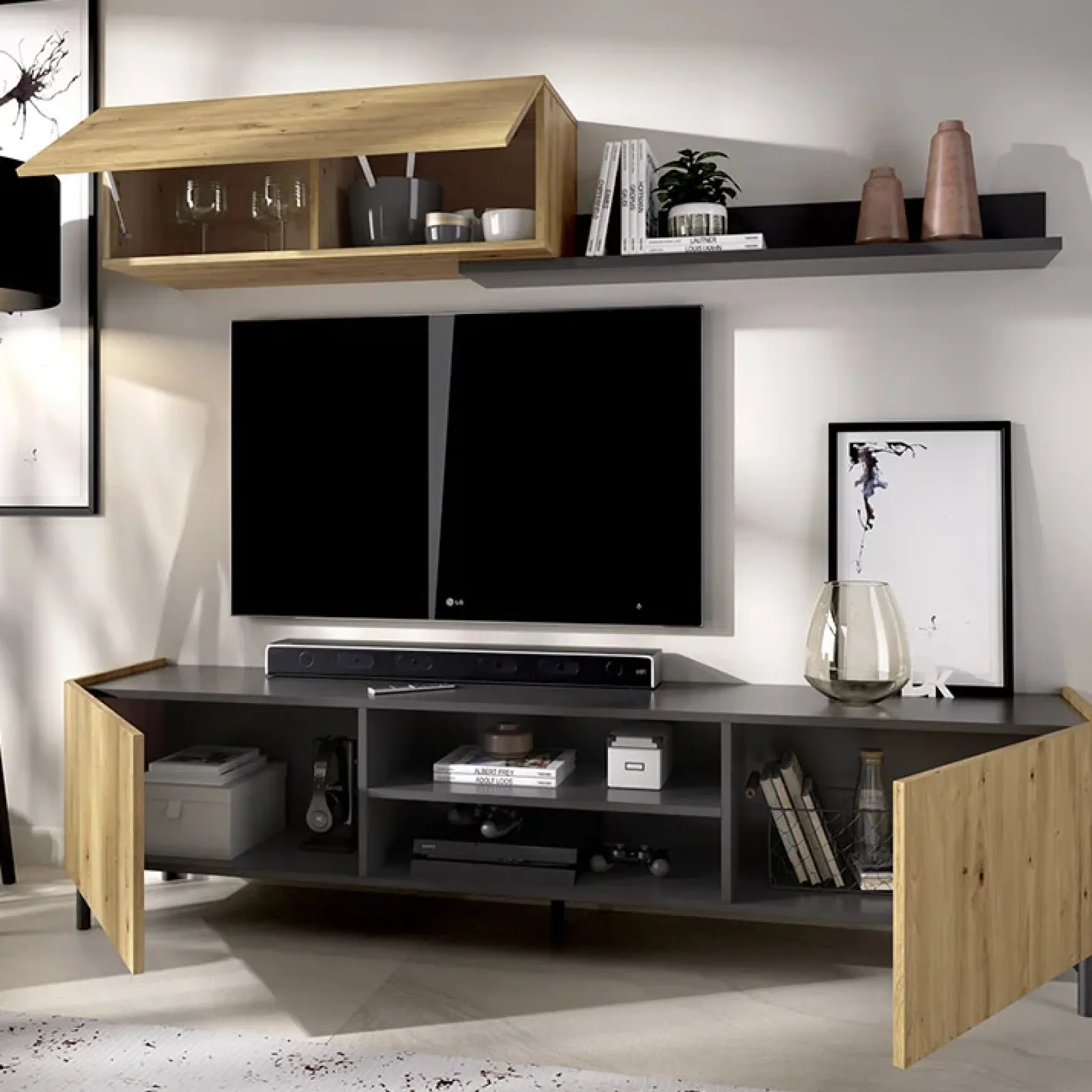 Garnero Arredamenti Mobile Tv Basso|Parete Attrezzata A Terra-Parete attrezzata 182x160h cm legno rovere grafite German