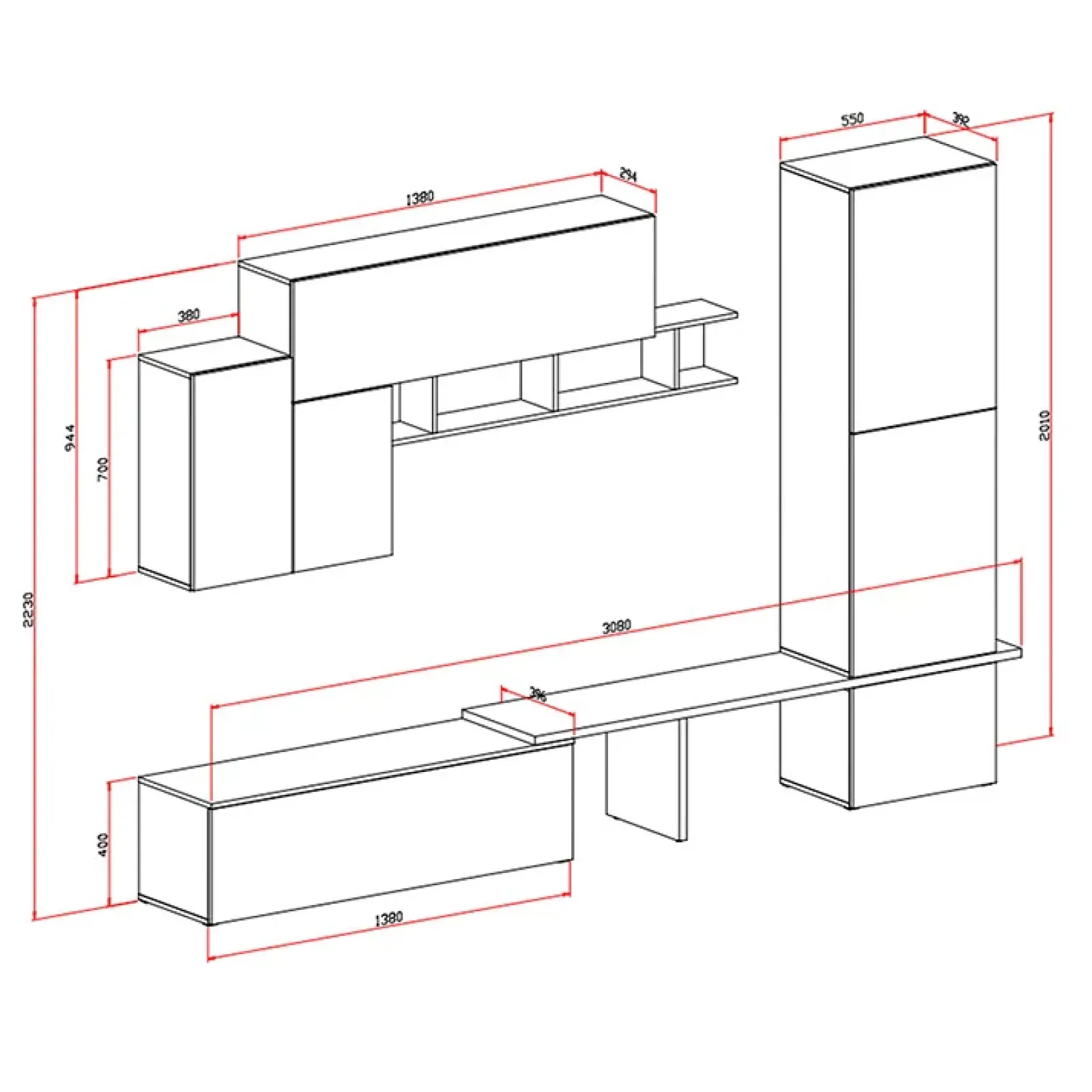 Garnero Arredamenti Parete Attrezzata A Terra|Pareti Attrezzate-Parete attrezzata 300x223h cm moderna soggiorno noce bianco Britto