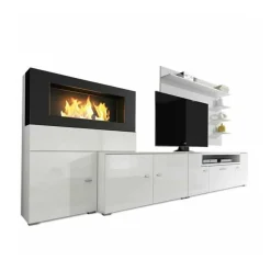 Garnero Arredamenti Camino Bioetanolo|Parete Attrezzata A Terra-Parete attrezzata 288x170h cm moderna reversibile con biocamino bianca Fire Gihome® Bianco Lucido - Bianco Lucido