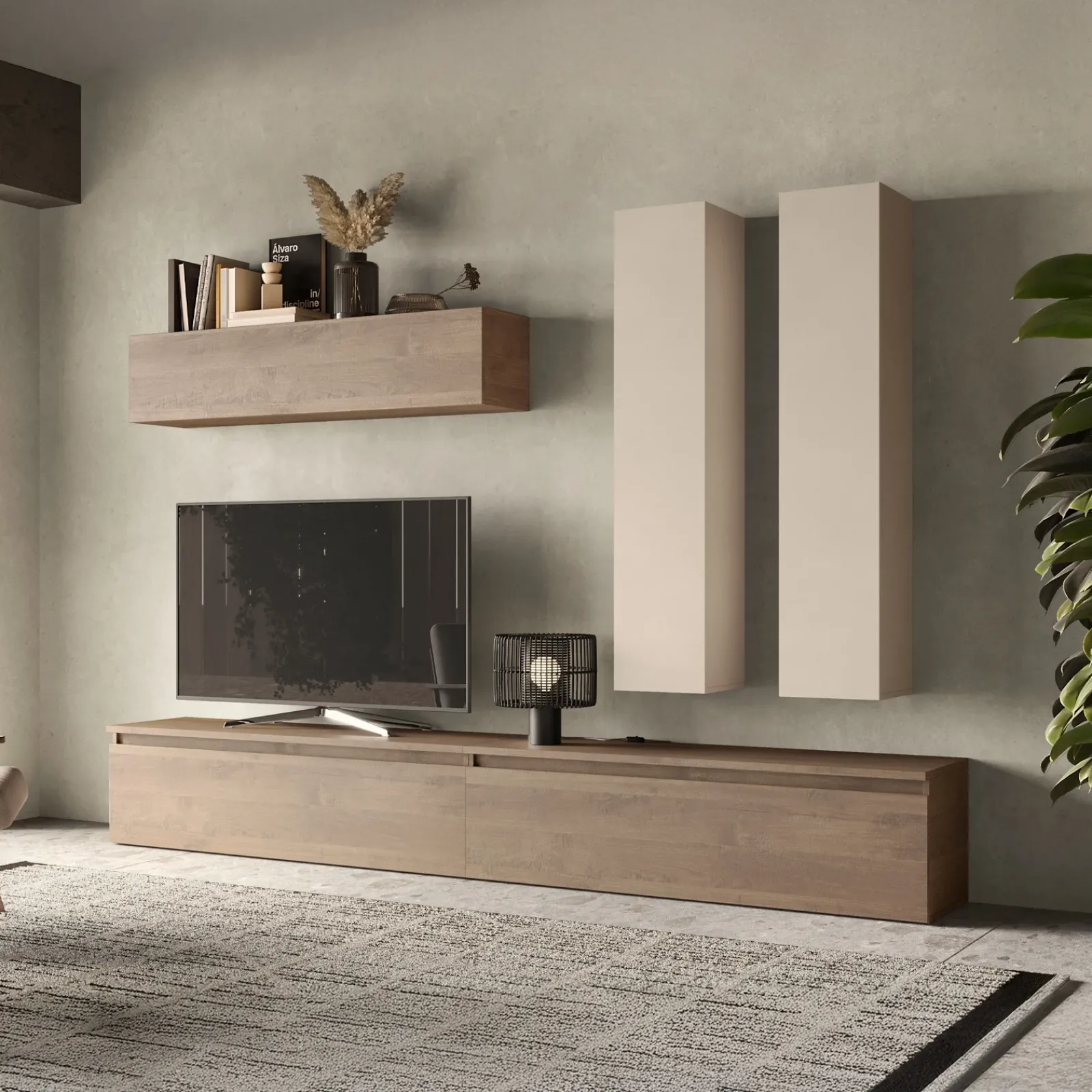 Garnero Arredamenti Parete Attrezzata A Terra|Pareti Attrezzate-Parete attrezzata 276x205h cm moderna beige rovere scuro Sunset 80