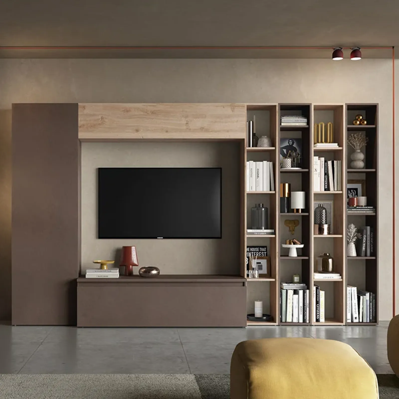 Garnero Arredamenti Parete Attrezzata A Terra|Pareti Attrezzate-Parete attrezzata 305x186h cm moderna soggiorno marrone bronzo rovere chiaro Sunset 10 Rovere - Marrone