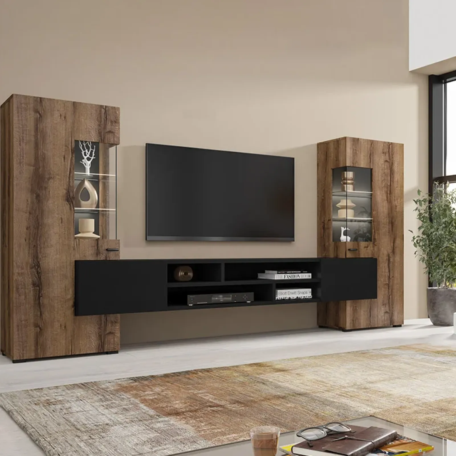 Garnero Arredamenti Pareti Attrezzate-Parete attrezzata 270x143h cm moderna rovere scuro nero Maserati Rovere Rustico - Nero opaco