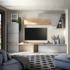 Garnero Arredamenti Parete Attrezzata A Terra|Pareti Attrezzate-Parete attrezzata 305x210h cm moderna grigio chiaro rovere chiaro Sunset 74