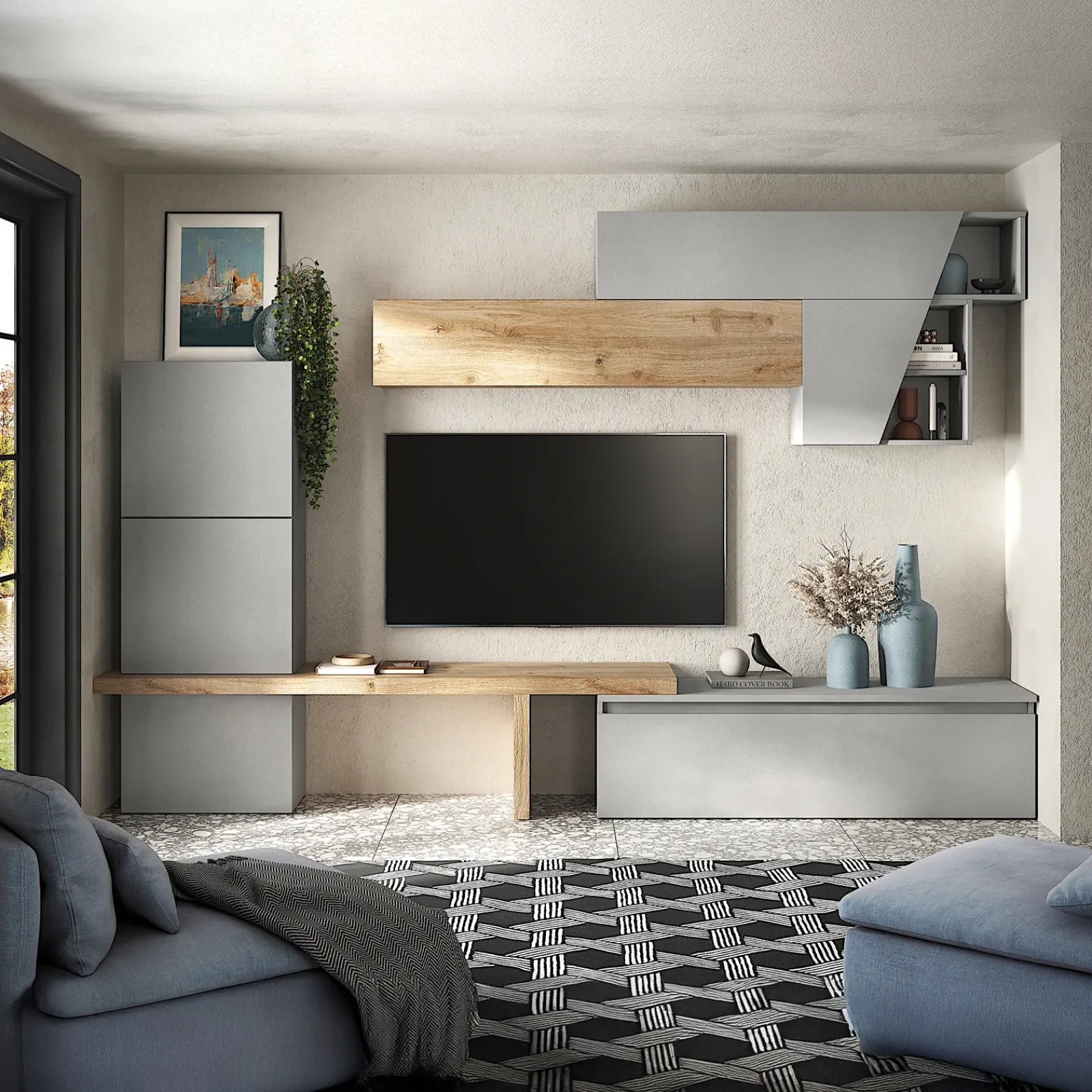 Garnero Arredamenti Parete Attrezzata A Terra|Pareti Attrezzate-Parete attrezzata 305x210h cm moderna grigio chiaro rovere chiaro Sunset 74