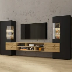 Garnero Arredamenti Parete Attrezzata A Terra|Pareti Attrezzate-Parete attrezzata 270x143h cm moderna nero rovere chiaro Maserati Rovere - Nero opaco